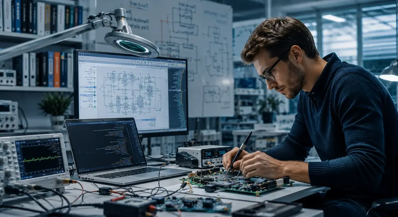 Embedded systems engineers developing electronic hardware and firmware in a modern engineering laboratory.