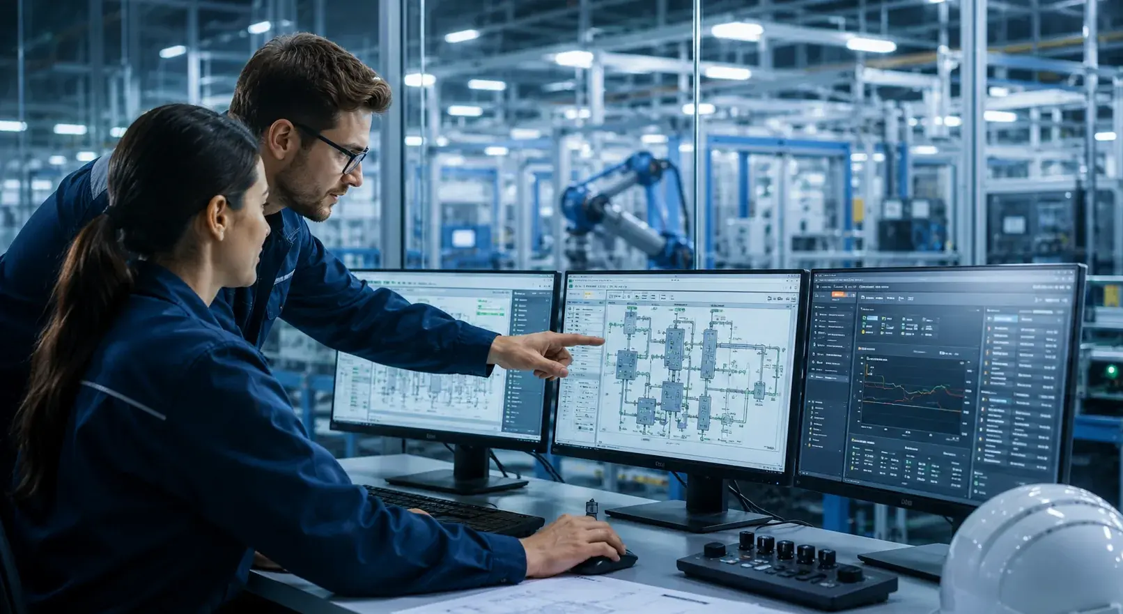 Automation engineers reviewing PLC and SCADA systems inside a modern industrial manufacturing facility.